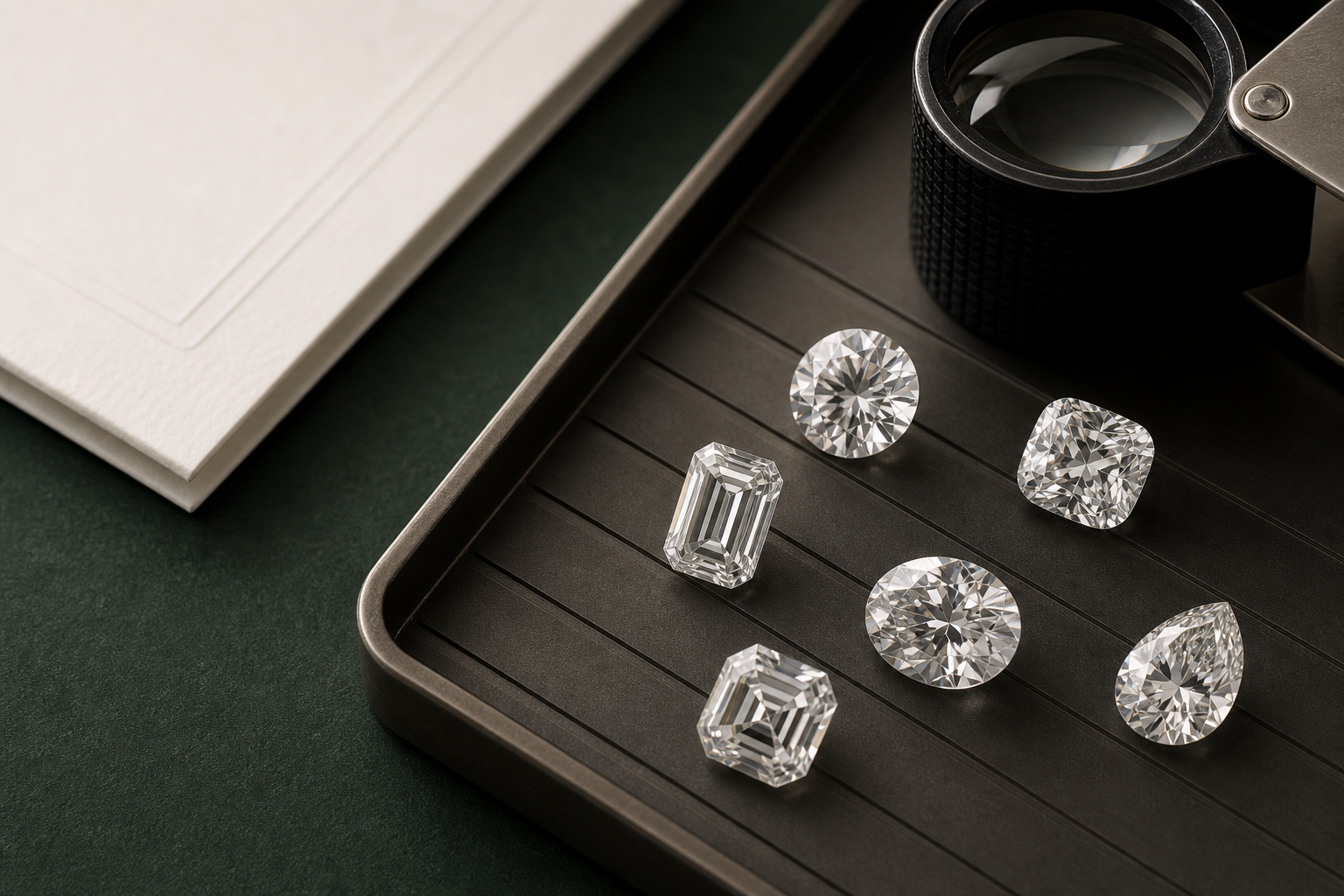Loose laboratory-grown diamonds arranged on a jeweler's sorting tray beside a loupe