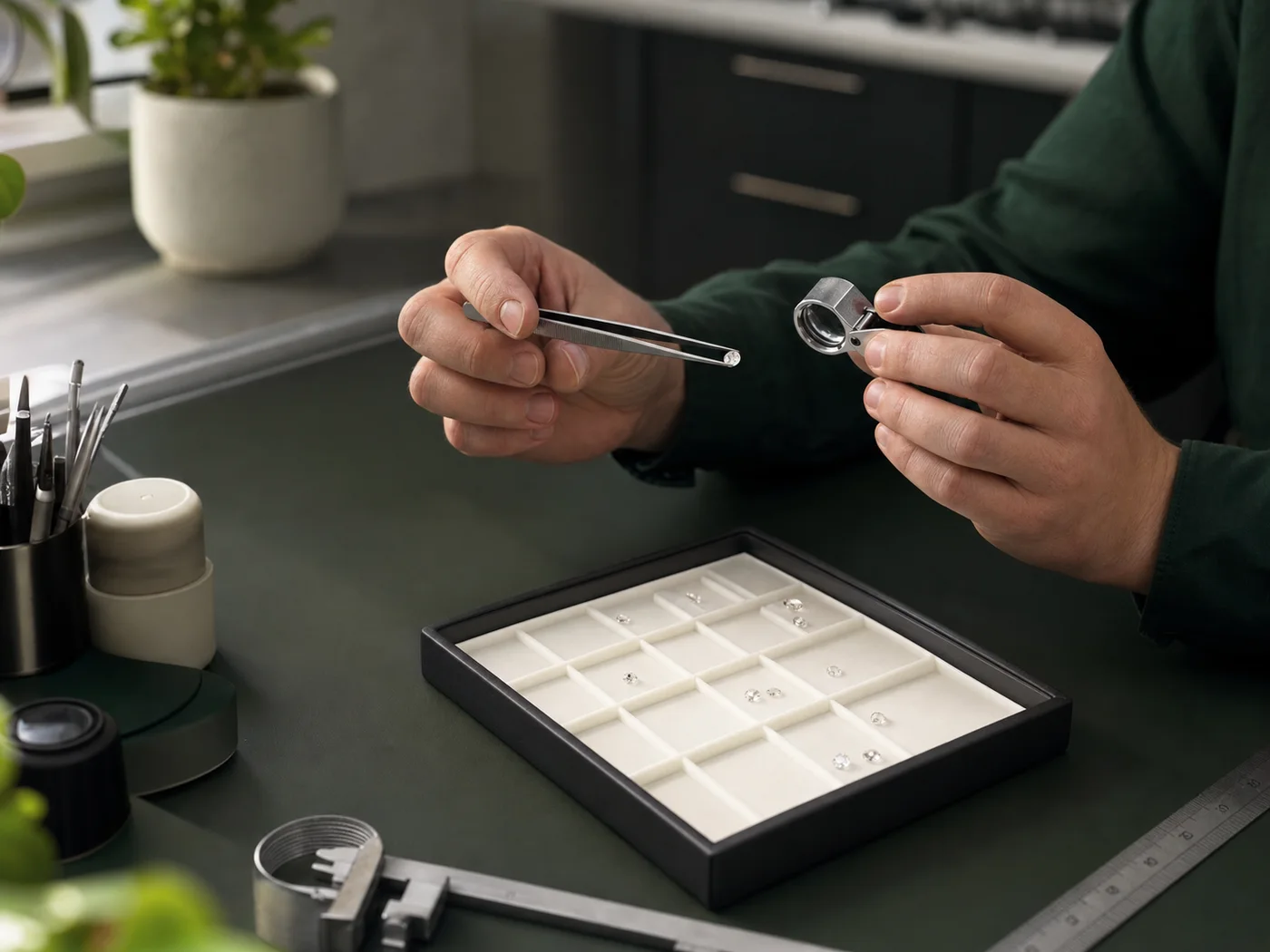 Illustrative jeweler reviewing loose laboratory-grown diamonds with a loupe and tweezers