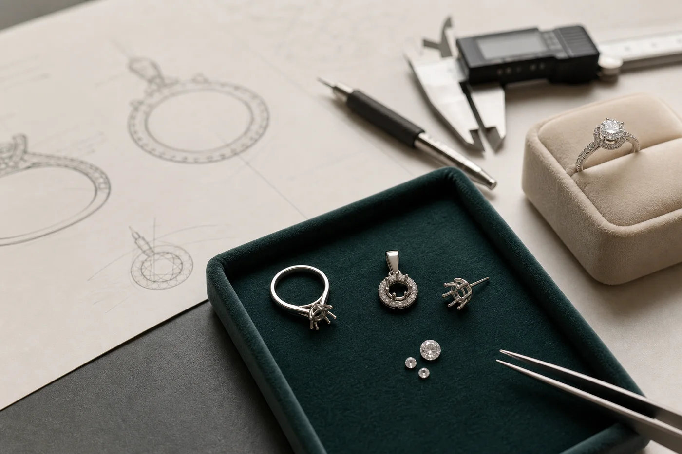 Illustrative custom jewelry coordination desk with settings, stones and design drawings