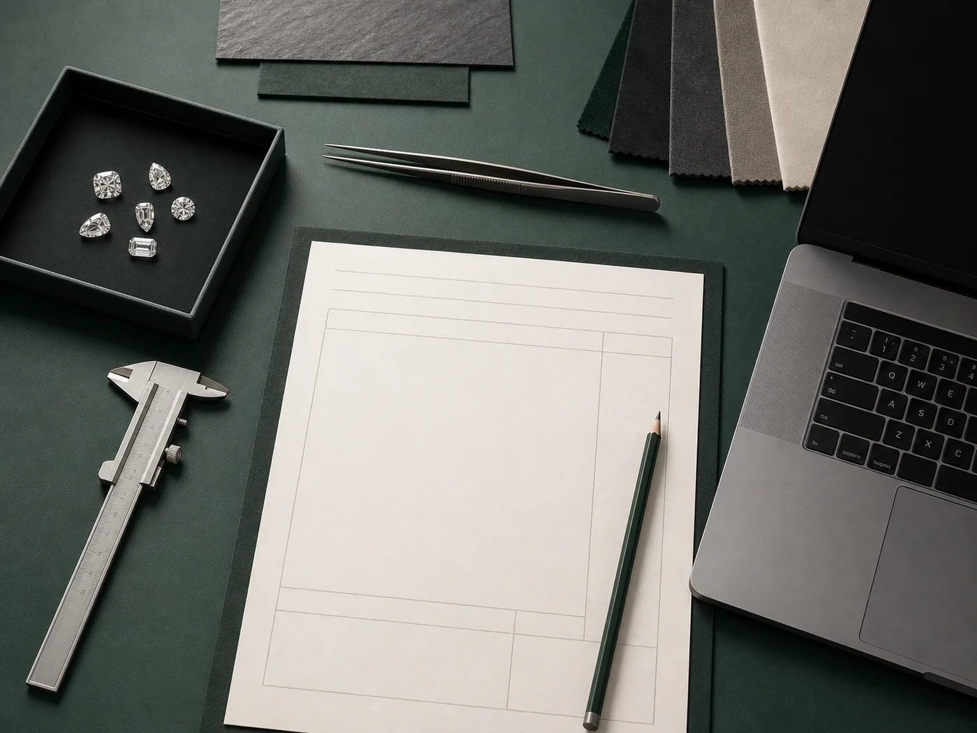 Illustrative sourcing specification desk with a blank brief, mixed diamond shapes and measuring tools