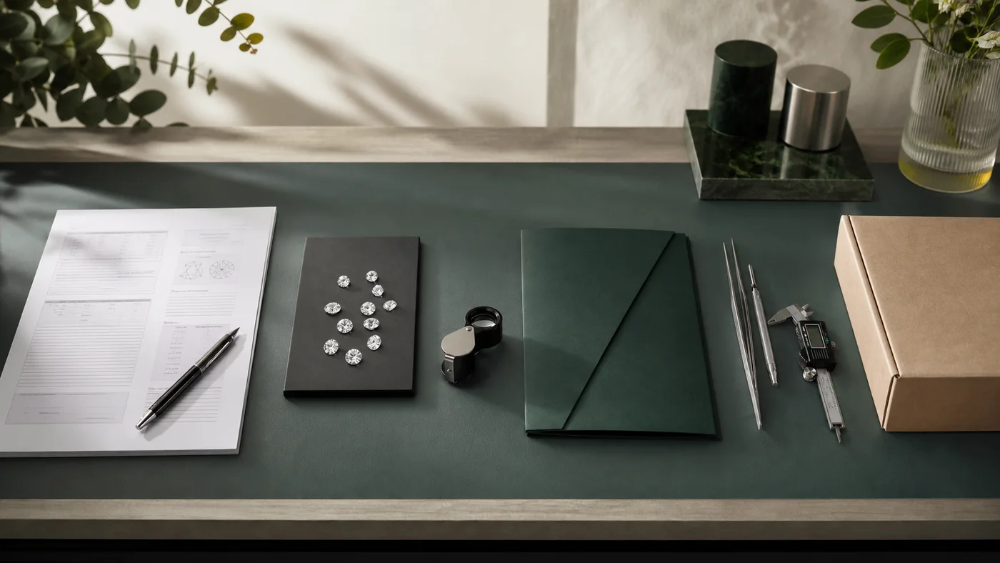 Illustrative laboratory-grown diamond sourcing workflow with review documents, stones and inspection tools