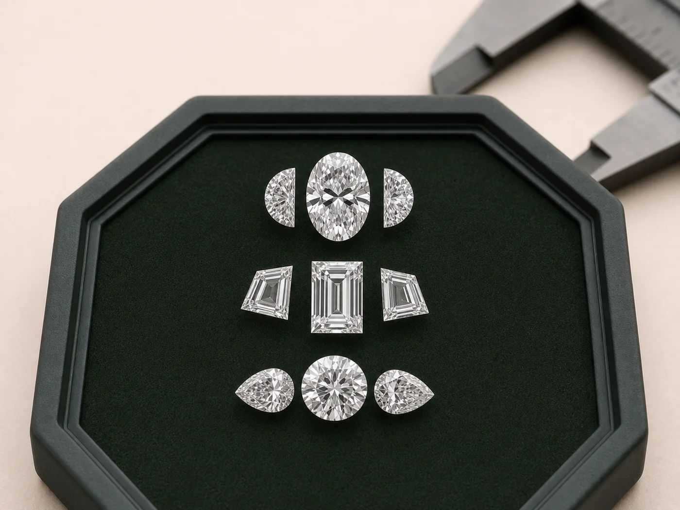 Illustrative oval, emerald and round three-stone laboratory-grown diamond layouts