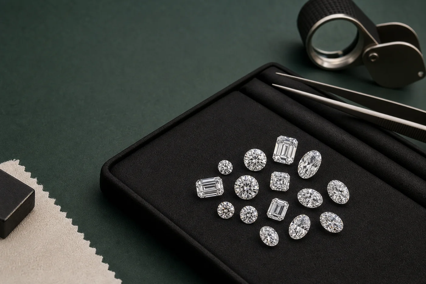 Illustrative assortment of loose laboratory-grown diamonds arranged for wholesale selection